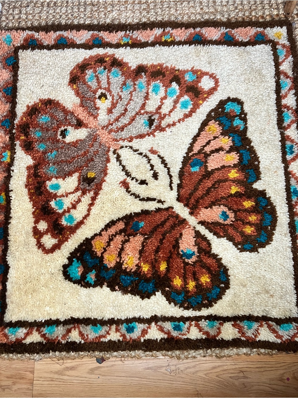 Vintage latch hook MCM handmade shaggy butterfly rug / decoration